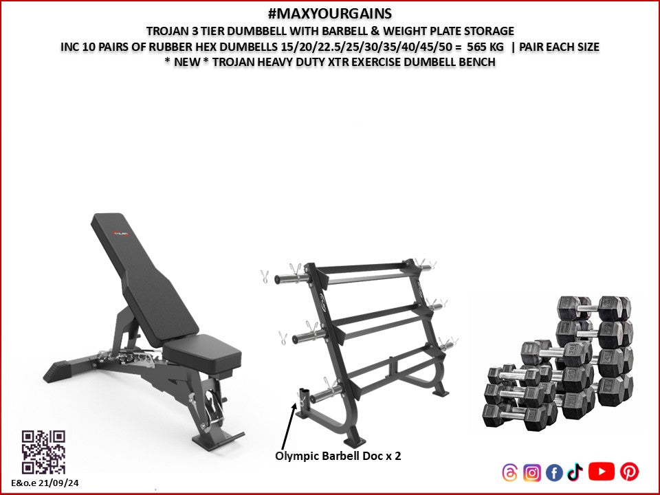 Bench & 565kg Hex Dumbbell Rack Package MAXYOURGAINS